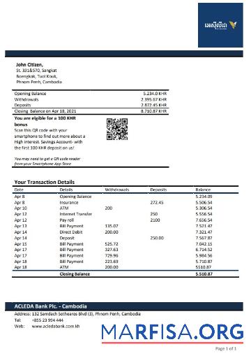 Downloadable Cambodia Acleda bank statement real example